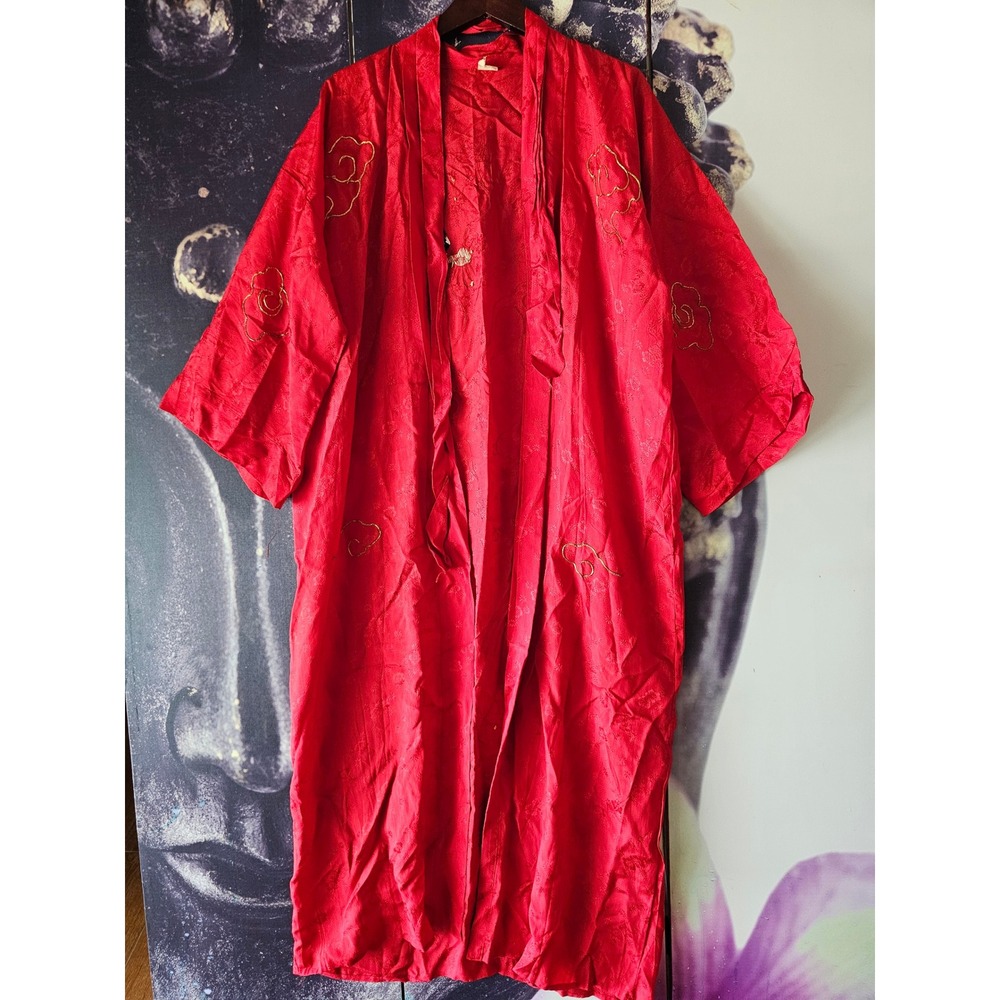 Vintage Red Satin Kimono Robe Gold Dragon Embroidery Long Loungewear Dress - Picture 4 of 13